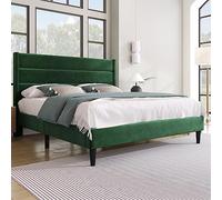 Merax Lit capitonné 140 x 200 cm, cadre de lit avec sommier à lattes et tête de lit, lit double rembourré, housse textile en lin vert vintage, design moderne intemporel