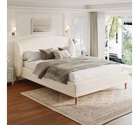 Merax Lit capitonné 140x190 cm en tissu bouclé double avec tête de lit Wingback design incurvé avec sommier à lattes, pieds en hévéa blanc (sans matelas)