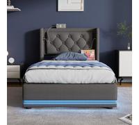 Merax Lit capitonné, 160 x 200 cm, en coton gris, avec espace de rangement hydraulique, tête de lit rembourrée avec fonction de charge USB de type C, fonction LED 3 côtés (sans matelas)