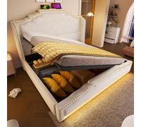Merax Lit capitonné, 160 x 200 cm, lit double, avec espace de rangement hydraulique, éclairage LED et port de charge USB-C, lit de rangement et lit d'adolescent avec sommier à lattes, velours, beige