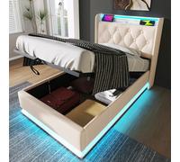 Merax Lit capitonné 160 x 200 cm, lit double, fonction LED surround 360, bouton poussoir/application/télécommande, blanc PU, lit de stockage hydraulique, tête rembourrée avec fonction de charge USB de