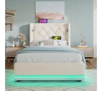 Merax Lit capitonné, 180 x 200 cm, blanc, en polyuréthane, lit de rangement hydraulique, tête rembourrée avec fonction de charge USB de type C, fonction LED 3 côtés (sans matelas)