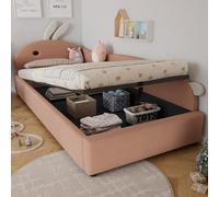 Merax Lit capitonné, 90 x 200 cm, avec espace de rangement hydraulique, sommier à lattes, tête de lit en lapin, plaque latérale droite, pour enfants et adolescents, tissu en velours, rose et blanc