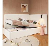 Merax Lit capitonné 90 x 200 cm avec espace de rangement, lit de jour avec coffre de lit hydraulique, canapé-lit avec USB et lampe de lecture, lit en tissu bou vec sommier à lattes, beige, sans