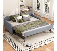 Merax Lit capitonné 90 x 200 cm avec lit gigogne - Extensible avec port USB - Cadre de lit double avec sommier à lattes, canapé-lit, lit d'invités, lit pour adolescent, en lin, sans matelas - Gris