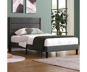 Merax Lit capitonné, 90 x 200 cm, Cadre de lit avec sommier à Lattes et tête de lit, lit Simple rembourré, Housse Textile en Lin Gris foncé, Design Moderne Intemporel