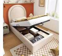 Merax Lit capitonné, 90 x 200 cm, lit simple, avec espace de rangement hydraulique, cadre fonctionnel, avec sommier à lattes, design semi-circulaire, pour garçons et filles, beige, PU (sans matelas)