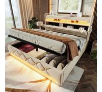 Merax Lit capitonné de 180 x 200 cm, avec espace de rangement, éclairage LED et station de charge, lit double, rembourré, avec port USB et de type C, espace de rangement, tête de lit, beige, lin (sans