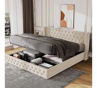 Merax Lit Capitonné Double avec Sommier à Lattes, 140 x 200 cm, Tête de Lit Hydraulique, Espace de Rangement, pour Adultes et Jeunes, en Flanelle, Beige (Sans Matelas)