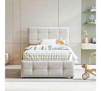 Merax Lit capitonné pour enfant, coffre hydraulique, 90 x 200 cm, avec tête de lit réglable en hauteur, lit de boxe simple, haut, tissu velours, beige, sans matelas