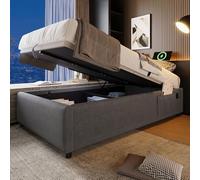 Merax Lit capitonné pour lit simple, 90 x 200 cm, avec fonction de charge USB-C et espace de rangement hydraulique, lit de rangement, sans tête de lit, coton/lin, gris (sans matelas)