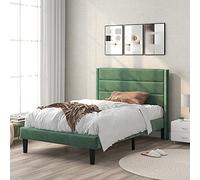 Merax Lit capitonné Simple | 90 x 200 cm | Cadre de lit | Sommier à Lattes | Tête de lit | Velours | Style de Base | Adultes Adolescents | sans Matelas | Vert