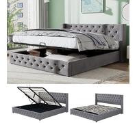 Merax lit coffre pour adulte 140x190cm, sans matelas, lit double capitonné en flanelle gris, sommier à lattes, chesterfield