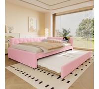 Merax Lit de jour, 140 x 200 cm, avec lit gigogne multifonction, lampe de chevet, port USB et type C, cadre de lit avec sommier à lattes (sans matelas), en velours, rose