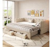 Merax Lit de jour extensible, 90/180 x 200 cm, avec tiroirs, USB et type C, chambre moderne, multifonction, confortable, peu encombrant, en chenille, beige foncé (sans matelas)