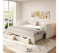 Merax Lit de jour extensible, 90/180 x 200 cm, avec tiroirs, USB et type C, chambre moderne, multifonction, confortable, peu encombrant, tissu lin, beige (sans matelas)
