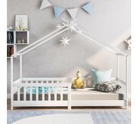 Merax Lit de maison 90x200cm avec protection antichute et sommier à lattes, lit d'enfant pour filles et garçons, lit de bébé garçon en pin massif, blanc