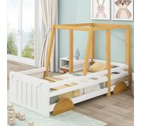 Merax Lit de voiture pour enfant avec roues en MDF, cadre en pin blanc + naturel, 90 x 200 cm