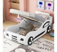 Merax Lit de voiture pour enfants 90x200cm avec protection contre la chute et sommier à lattes, lit hydraulique au sol avec espace de rangement, lit de jeu simple similicuir, blanc