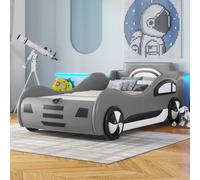 Merax Lit de voiture pour enfants 90x200cm avec protection contre les chutes et sommier à lattes, lit hydraulique au sol avec espace de rangement, lit de jeu simple similicuir, gris