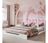 Merax Lit d'enfant 140x100cm/140x200cm Lit extensible Lit de maison extensible avec protection contre les chutes et toit en forme d'arc, en bois massif Lit simple et double Maison d'enfant
