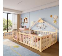 Merax Lit d'enfant 140x190 cm, Lit plat avec barre de maison, rampe avec serrure, Lit en pin massif, Lit au sol, Naturel