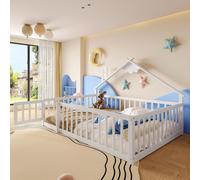 Merax Lit d'enfant 140x190 cm, Lit plat avec barre de maison, rampe avec serrure, Lit en pin massif, Lit au sol, Blanc
