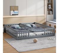 Merax Lit d'enfant 2× 90x200 cm, Lit en bois massif avec barreaux, Sans sommier à lattes, Pin, Lit au sol, Lit plat, Lit d'adolescent, Gris