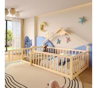 Merax Lit d'enfant 90x190 cm, Lit plat avec barre de maison, rampe avec serrure, Lit en pin massif, Lit au sol, Naturel
