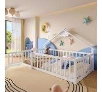Merax Lit d'enfant 90x190 cm, Lit plat avec barre de maison, rampe avec serrure, Lit en pin massif, Lit au sol, Blanc