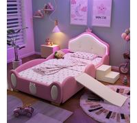 Merax Lit d'enfant 90x200 cm avec lumière LED, toboggan & escalier, lit rembourré en PU avec bords souples, sommier à lattes en bois & structure interchangeable, rose