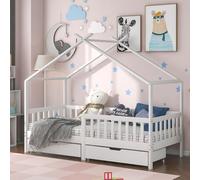 Merax Lit d'enfant 90x200 cm Lit de maison avec protection contre les chutes, coffre de lit & sommier à lattes, lit de maison en pin pour enfants avec toit, maison d'enfant pour garçons & filles, blan