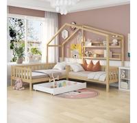 Merax Lit d'enfant 90x200cm/140x70cm Lit de maison en bois massif L-structure maison d'enfant avec tiroirs, étagères, clôture et sommier à lattes, pin lit de jeu maison d'enfant pour deux enfants, nat