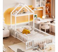 Merax Lit d'enfant 90x200cm avec barrière de sécurité, portes et sommier à lattes, lit de maison amovible avec tringle à vêtements, lit au sol en bois massif lit simple, blanc