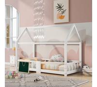 Merax Lit d'enfant 90x200cm avec protection contre les chutes et sommier à lattes, Lit de maison avec tableau et toit, Lit en pin simple Lit d'adolescent, Blanc
