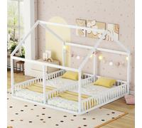 Merax Lit d'enfant 90x200cm avec protection contre les chutes, sommier à lattes et forme de toit, deux lits simples sous un même toit, lit de maison en pin 2 en 1 lit plateforme pour 2 enfants, blanc