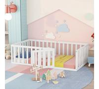 Merax Lit d'enfant 90x200cm Lit de bébé avec protection contre la chute et porte, en pin Lit de sol Lit d'adolescent Lit de jeu Lit simple, Blanc