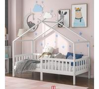 Merax Lit d'enfant 90x200cm Lit de maison avec protection contre les chutes, barrière et sommier à lattes, maison d'enfant lit de jeu en bois pour chambre d'enfant et d'adolescent, blanc