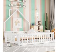 Merax lit d'enfant lit de sol 140x190 cm, avec clôture, design de maison avec cheminée, sommier à lattes, lit en pin massif, blanc