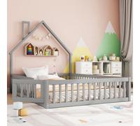 Merax lit d'enfant lit de sol 140x190 cm, avec clôture, design de maison avec cheminée, sommier à lattes, lit en pin massif, gris