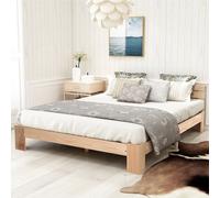 Merax Lit double 140x200cm avec tête de lit et sommier à lattes, Lit fonctionnel en bois massif Lit poutre Cadre de lit Lit en bois de pin, naturel