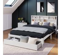 Merax Lit double 140x200cm Lit en bois massif avec tiroirs, bibliothèque et sommier à lattes, Lit classique de haute qualité Lit d'enfant en bois pour adolescents et adultes, Blanc