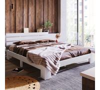 Merax Lit double 140x200cm Lit fonctionnel avec tête de lit et sommier à lattes, pin massif Lit poutre Cadre de lit Lit en bois, blanc