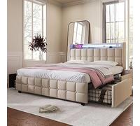Merax Lit Double 160x200cm avec Tête de Lit LED, Fonction de Chargement USB, 4 Tiroirs de Rangement, Cadre de Lit en Métal avec Lattes en Bois, Beige (sans Matelas)