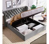 Merax lit Double cadre rembourré avec Coffre, 140 x 200 cm, en Velours avec sommier à Lattes et Espace de Rangement, avec Point de Serrage en Losanges, Gris
