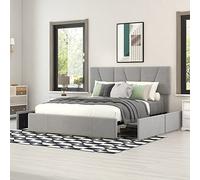 Merax Lit double capitonné 140 x 200 cm avec 4 tiroirs, cadre de lit rembourré avec dossier et sommier à lattes, en velours, pour adultes et adolescents, gris (matelas non inclus)