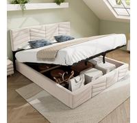 Merax Lit double capitonné 140 x 200 cm, hydraulique, avec sommier à lattes et coffre de lit, fonctionnel, avec tête de lit réglable, en velours, pour adultes et adolescents, sans matelas, beige