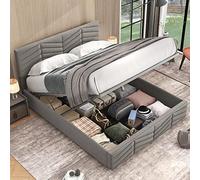 Merax lit double capitonné 140 x 200 cm, hydraulique, sommier à lattes, coffre, fonctionnel, tête réglable, velours, adultes/adolescents, sans matelas, gris