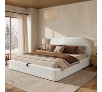 Merax Lit double capitonné, 180 x 200 cm, hydraulique, fonctionnel, avec sommier à lattes, en tissu bouclé, beige, espace de rangement, pour chambre à coucher (sans matelas)