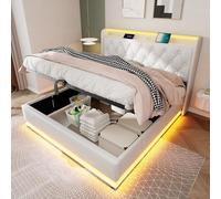 Merax Lit double capitonné, hydraulique, LED, 160 x 200 cm, avec espace de rangement, LED surround à 360°, fonction de charge USB de type C, tête de lit rembourrée, sommier à lattes, en polyuréthane